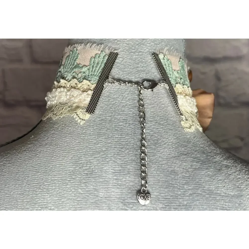 Shabby Chic Choker with Upcycled Lace, Silk Flower & Vintage Pearl Button